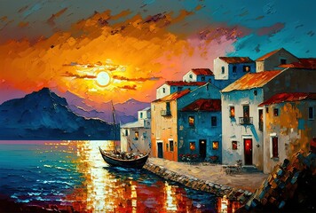 painting style illustration of seaside cityscape with ocean view in evening time, inspired from Greece Generative Ai
