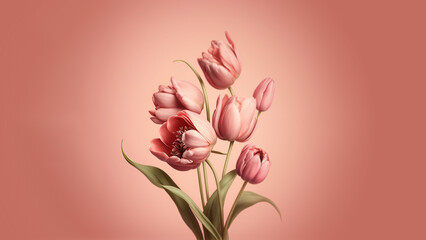 Beautiful  spring flowers. Bouquet of pink tulips flowers on pink background. Valentine's Day, Easter, Birthday, Happy Women's Day, Mother's Day. Flat lay, 3d, illustrations, AI
