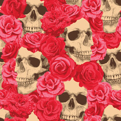 Seamless pattern with human skulls and red roses. Vector background with sinister smiling skulls. Graphic print for clothes, fabric, wallpaper, wrapping paper