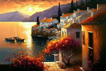 painting style illustration of seaside cityscape with ocean view in evening time, inspired from Greece Generative Ai