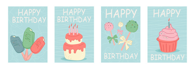 set with birthday greeting cards with sweets. Vector postcard with cupcake, popsicle, cake, cupcakes, cake