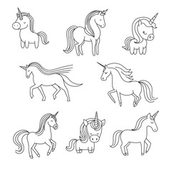 8 Unicorns doodle icons. Vector graphic elements. Horse unicorn, baby horse, pony and horse unicorn stickers © Pedro