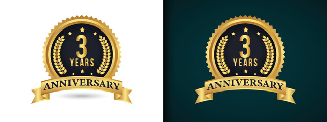 3th years anniversary logo design template. 3 Years Anniversary badge with gold style. Premium golden anniversary emblem. There years golden labels and badges. Happy jubilee, Vector illustration.