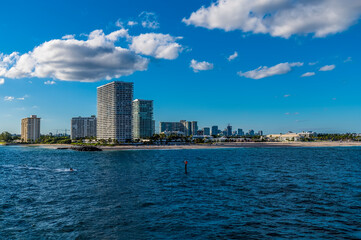 Fototapeta premium A view towards at the mouth of the Stranahan river from Port Everglades, Fort Lauderdale on a bright sunny day