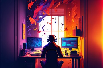 Work from Home: A Scene of a Businessman Sitting in a Chair at a Desk with a Computer