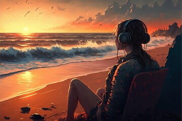 Cloudy Sunrise: A Scene of a Woman at the Beach with the Sun Rising and Clouds in the Sky