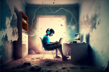 Surreal Study: A Scene of a Person Sitting Alone with a Laptop