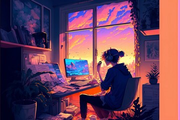 Sunset Study: A Scene of a Woman Working at Home