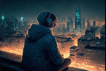 Night Symphony: A Person in a City Scene with Musical Lights