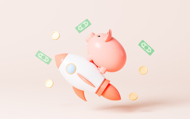A piggy bank on the rocket with scattered gold coins in the yellow background, 3d rendering.