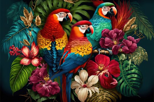 tropical pattern with parrots and flowers in bright colors