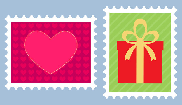 postage stamps with valentine and gift box