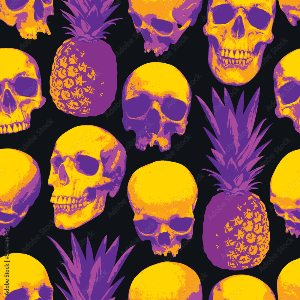 Poster seamless pattern with human skulls and pineapples . vector background with sinister smiling skulls. 