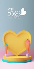 Happy Valentine's Day Concept, 3D Render of Yellow Heart Shape Frame With Image Placeholder And Ice Cream Cones On Podium.