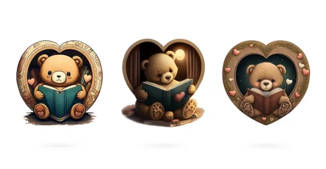 Fotobehang 3D Render, Vintage Style Cute Teddy Bear Reading Book Icon Set. © Abdul Qaiyoom