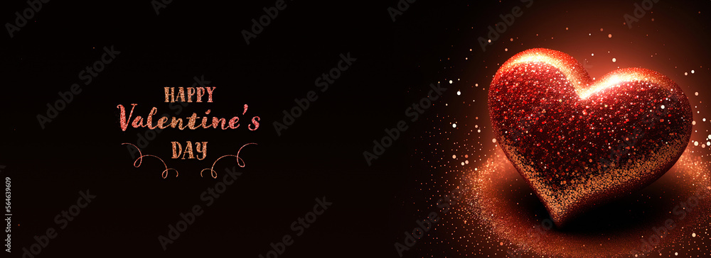 Poster happy valentine's day text with 3d render of shiny red glittery heart shape on sparkle light backgro
