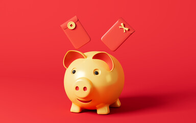 Red envelopes and gold piggy in the red background, Year of Pig Spring Festival theme, 3d rendering.