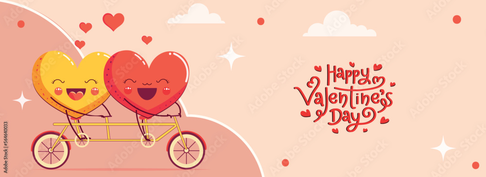 Sticker Happy Valentine's Day Banner Design With Cheerful Heart Couple Character Riding On Tandem Bicycle Against Peach Background.