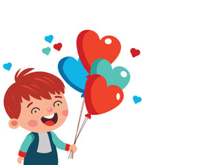 Cheerful Boy Character Holding Heart Shape Balloons On White Background. Valentine's Day Concept.