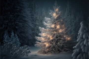 hristmas tree, snowflakes and magic bokeh lights glowing in winter forest at night. New year eve holiday in winter wonderland. Xmas greeting card background and wallpaper