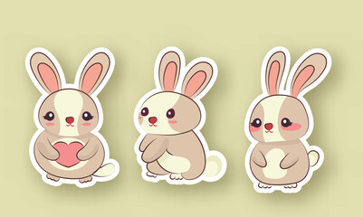 Sticker Style Cute Bunnies Characters With A Heart.