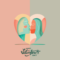 Happy Valentine's Day Concept, Abstract Romantic Couple Character Kissing Inside Heart Shape On Pastel Pink And Gray Background.