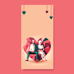 Young Couple Character In Sitting Pose And Polygon Hearts On Peach Background With Copy Space. Happy Valentine's Day Concept.
