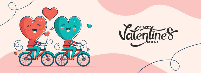 Happy Valentine's Day Banner Design, Two Hearts Character Riding On Their Bicycle Over Pastel Pink Background.