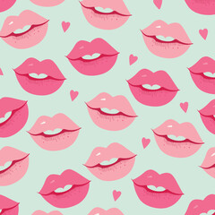Beautiful Pink Lips Pattern Background With Hearts. Love or Valentine's Day Concept.