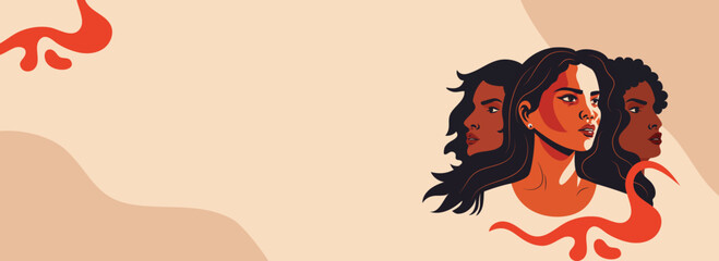 Illustration of Three Young Women Character On Peach Background And Copy Space. Happy Women's Day Concept.