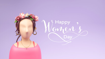 Happy Women's Day Concept, 3D Render of Fashionable Young Girl Character Wearing Floral Headband On Pastel Violet Background.
