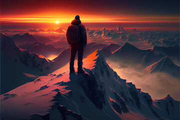 Man watching the sunset from a mountain peak ,Generative AI