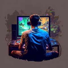 Gamer playing game on screen monitor with computer, gaming and esports concept, streamer is streaming online content, Young gamer playing video game wearing headphone.