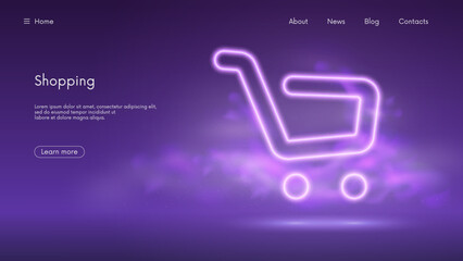 Online store banner with shopping cart icon, application and website concept, digital marketing landing page, futuristic technology with violet neon glow in the smoke, vector business background