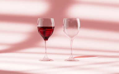Wine glass in the pink background, 3d rendering.