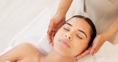 Obraz na płótnie Canvas Relax, woman and spa face massage for a woman for glowing, smooth and healthy skincare treatment at a salon. Beauty, detox and hands healing a young client in a facial physical therapy session