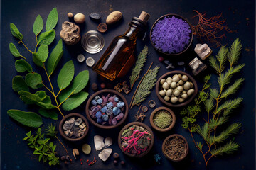 Obraz na płótnie Canvas Top view still life alternative medicine with natural herbal remedies, flowers, essential oils and healing crystals. Homeopathic ingredients and natural medicines. Ai generated
