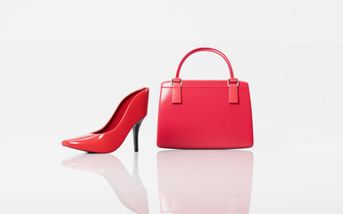 High heel and handbag in the white background, 3d rendering.