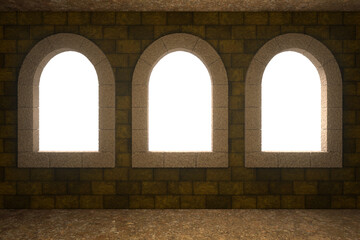 Backdrop of a wall with three windows with semicircular arches isolated on empty background. Atmosphere of an ancient castle, palace, or medieval architecture. 3D Rendering