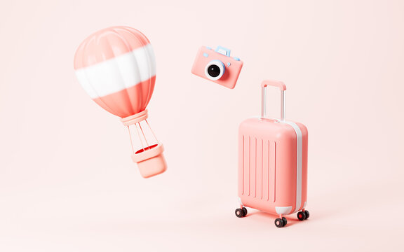 Hot balloon and luggage in the pink background, 3d rendering.