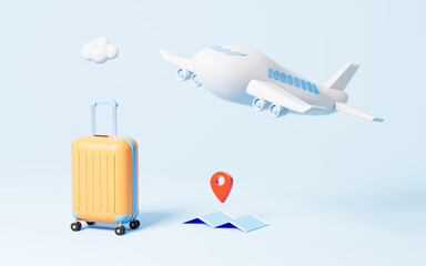 Airplane and luggage in the blue background, Travel theme, 3d rendering.