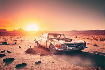 Fototapeta na wymiar Car in the middle of Desert. Generative AI