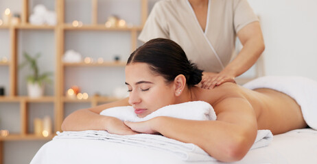 Spa massage, zen and relax customer at beauty salon for body wellness support, chakra energy...
