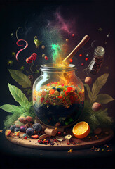 Fototapeta na wymiar Cauldron of magic potion. Still life of a wooden table full of natural ingredients for aromatherapy with flowers and herbs. Concept of ointments and oriental alternative natural medicine. Ai generated