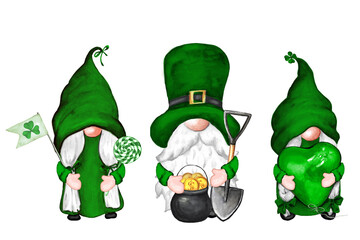 St. Patrick's day watercolor set of gnomes illustrations