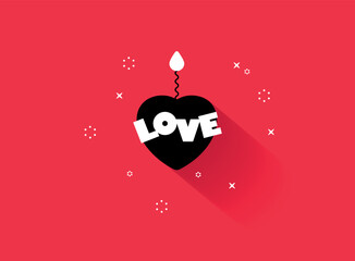 Exploding heart with a fuse and fire. Passion Valentine's card in cartoon comic style. Hot love Vector illustration. Abstract red explosive candle, flat style. Сoncentric pattern banner. Text LOVE - 564643863