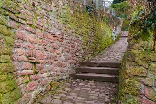 A typical section of the Schlangenweg (Snake Path), a narrow cobblestone footpath with steps, flanked by red sandstone walls that zigzags its way up the hill Heiligenberg in Heidelberg, Germany.