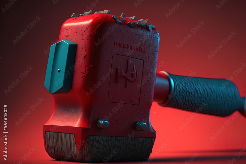 Poster a furry-textured, red hammer tool with deep shadows. generative ai