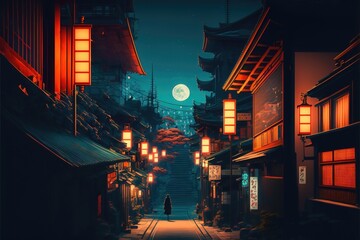 Chinese City at night Illustration. Genarated AI