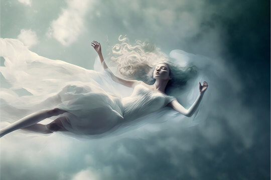 ethereal woman floating in clouds, generative ai